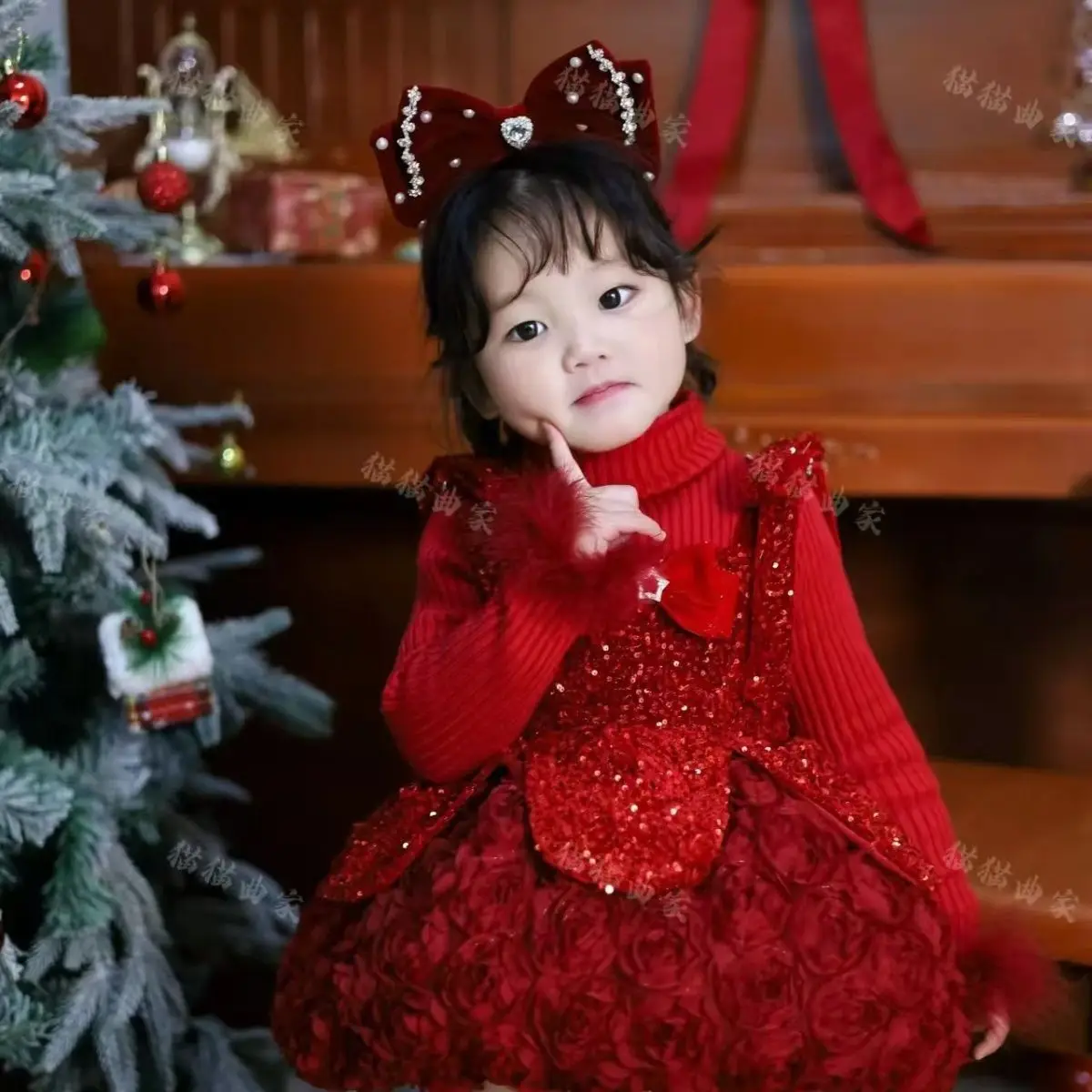 

Baby Girls Winter Sweet Skirts Princess Ball Gown Floral Sweet New Year Red Sundress+Sweater Birthday Party Thick Elegance Dress