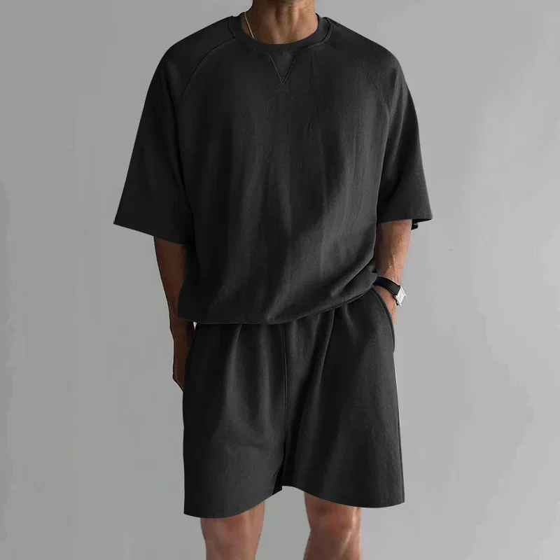 Summer New Shorts Short Sleeved Men's Set Casual Round Neck Sports Outdoor Daily Solid Color Two-piece Set