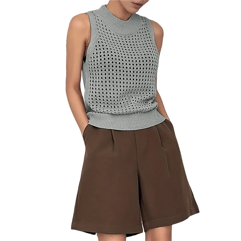 

A83F-Womens Summer Knit Sweater Tank Tops Round Neck Crochet Hollow Out Sleeveless Casual Crop Shirt