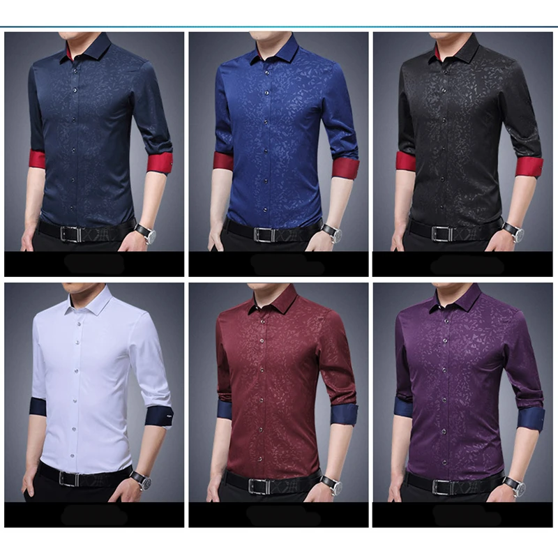 BROWON Newest Plus Size Male Social Shirt Long Sleeved Non-iron Men Flower Shirt Men's Shirt Business Imported-china