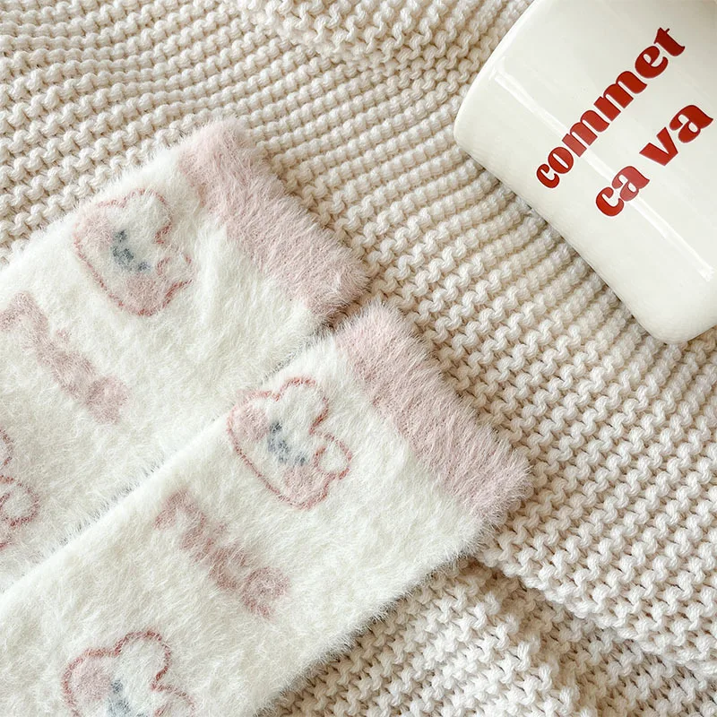 Sweet Pink Rabbits Bowknot Imitation Mink Socks Winter Plush Warm Home Sleeping Socks Ins Japanese Cartoon Cute Furry Tube Socks