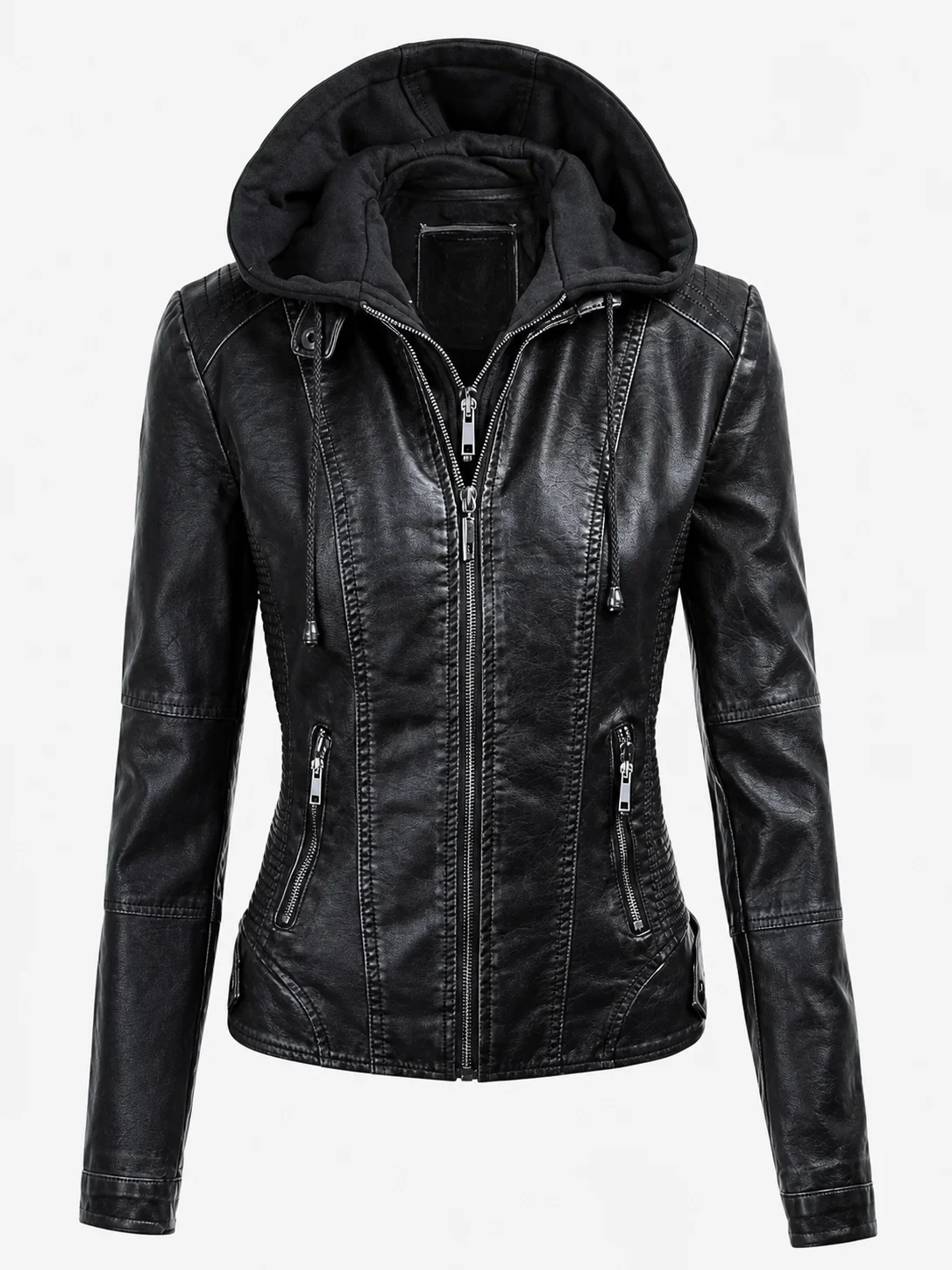 2026 New Women's Hooded Pu Jacket Motorcycle Jacket Retro Jacket Punk Style Jacket Spring and Autumn Season Jacket Holiday Gift for Women