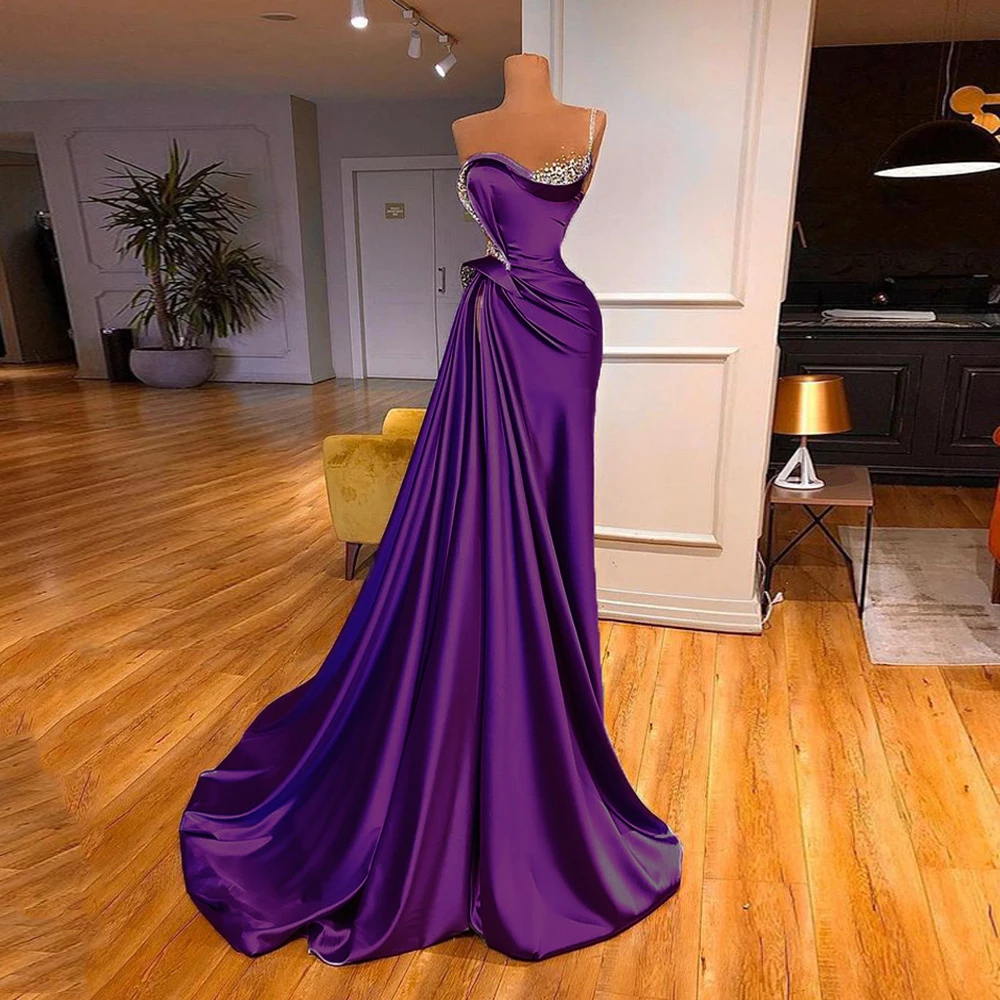 Lilac Evening Dress 2022 Beading One Shoulder Stones Ruched Sweep Train Robe De Soiree Women Pageant Party Gowns