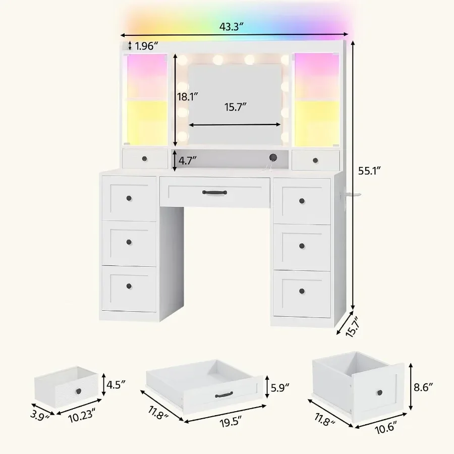 White Makeup Vanity Desk with 9 Drawers, 2 RGB Cabinets and Charging Station
