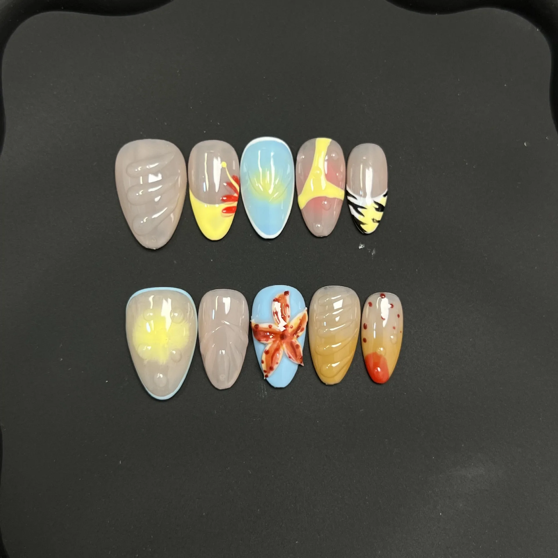 

10 шт., короткие миндалевидные накладные ногти ручной работы, летние накладные ногти с синей морской звездой, носимые, милые, крутые, европейские, пресс на ногтях