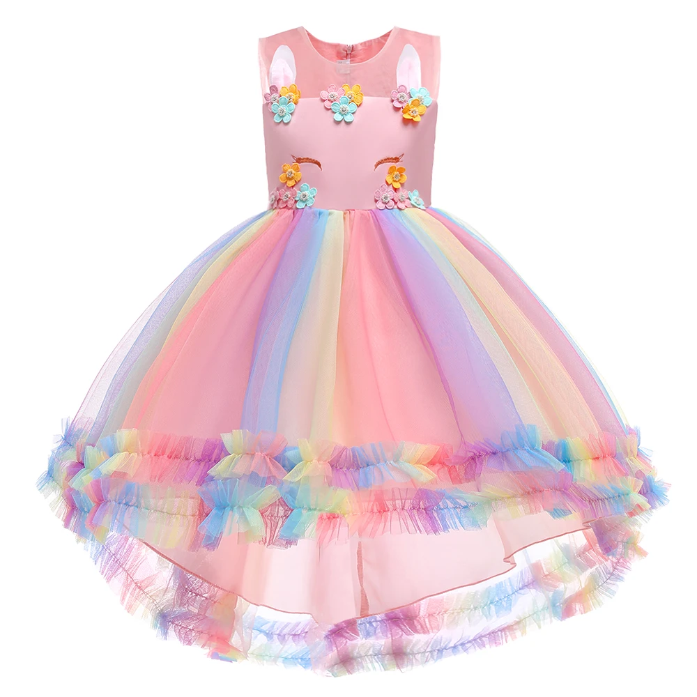 Colorful Girls Unicorn Dress Pastel Rainbow Tulle Princess Girl Birthday Party Dresses Child Halloween Unicorn Perform Costumes