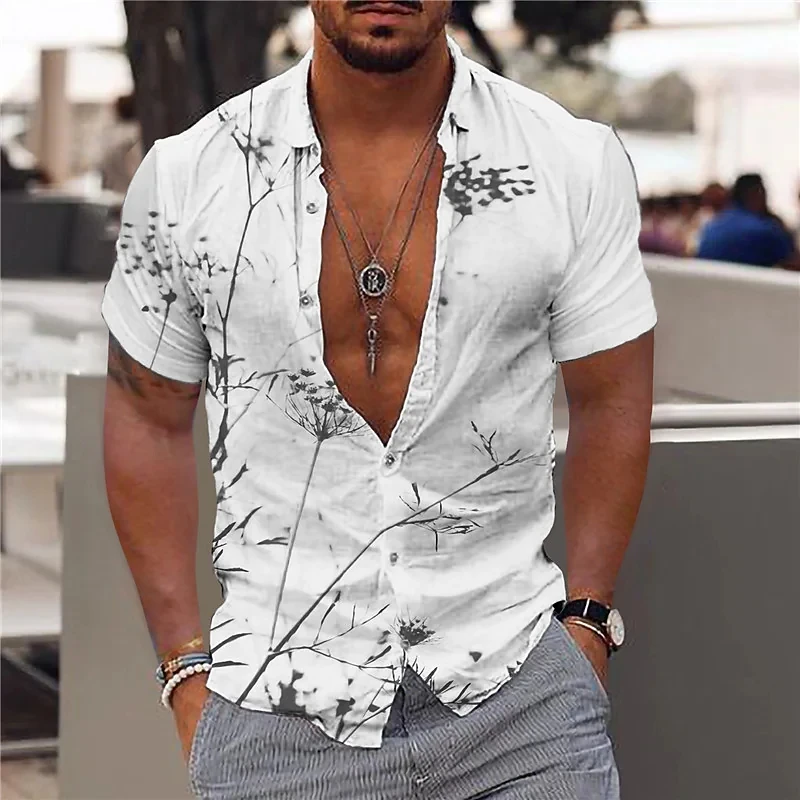 Summer Tropical Plant Print Hawaiian Shirt Men's 3D Print Lapel Shirt Beach Short Sleeve Fashion Shirt T-shirt