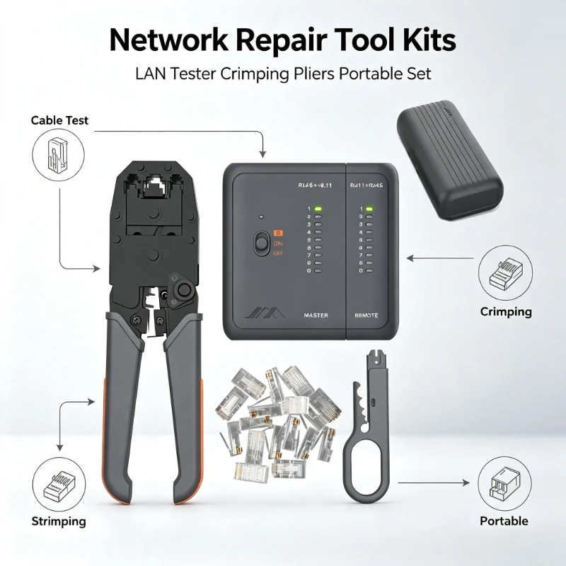 JIMIHOME Network Tools Set 5 in1 Network Tester Repair Tool Kits Lan Tester Crimping Pliers Portable Cable Tester LAN Network