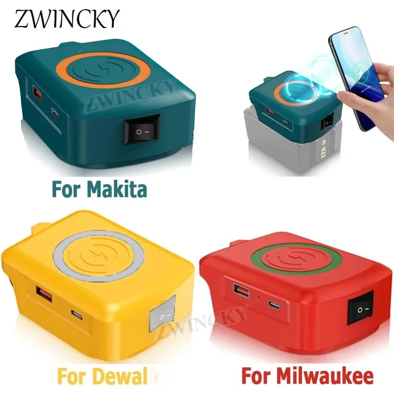 ZWINCKY Cordless Wireless Charging for Cell Phones for Makita/Dewaltt/Milwaukee 18-20V For Ryobi 40V Battery USB Adapter Charger