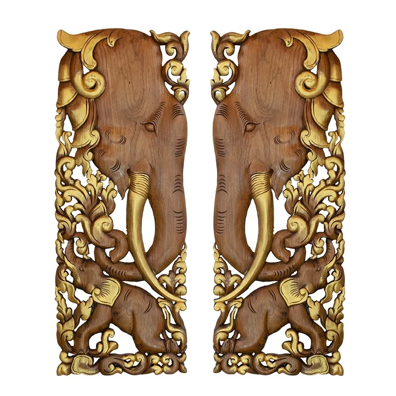 Teak wood carving board TV background wall elephant carving board Thai clubhouse restaurant egg flower porch wall