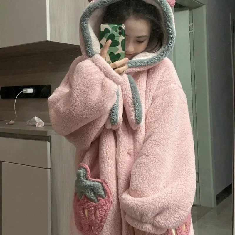 

Милый женский зимний халат с капюшоном, флисовый теплый женский домашний халат с длинными рукавами, клубничный корейский стиль, халат для женщин