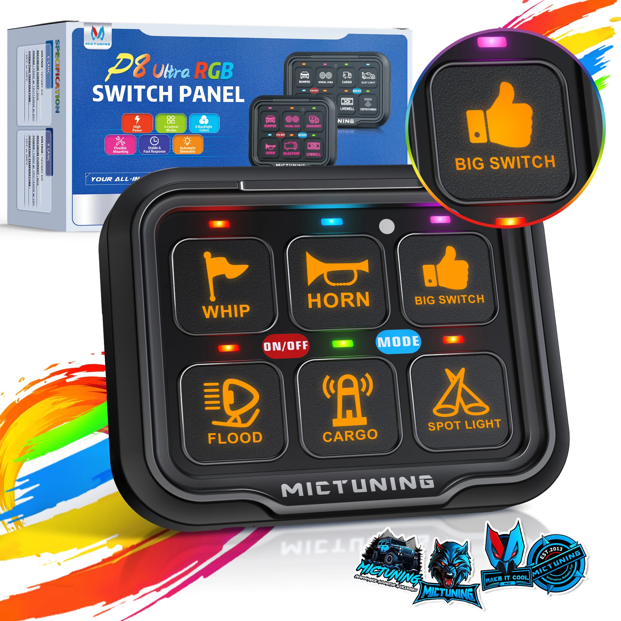 

P8-Ultra 6 Gang Switch Panel-Waterproof Universal Circuit Control Relay System Box 4 Control Modes with Color Indicators for Car