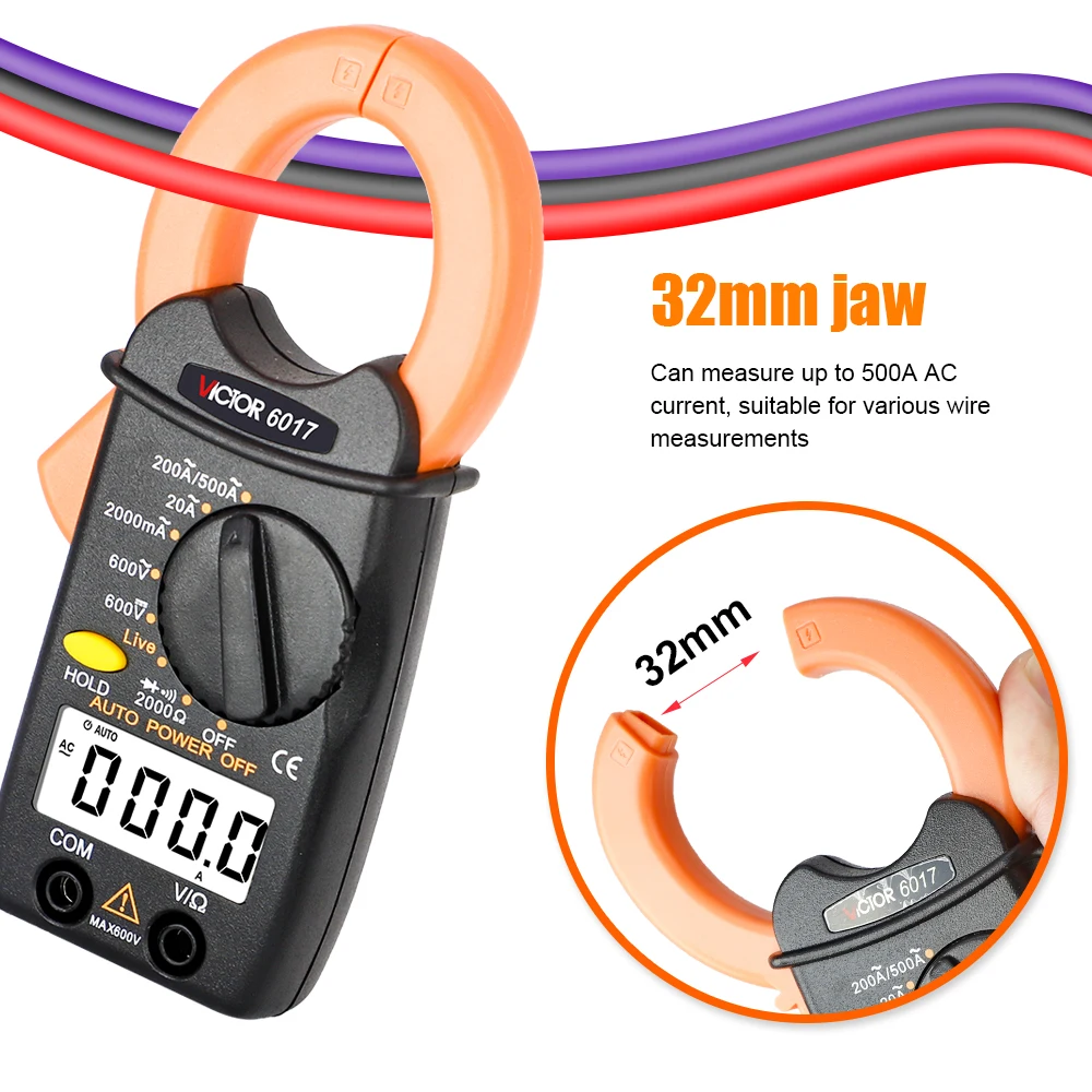 Victor 6017 Mini Digital Clamp Meter Pliers Ammeter Pocket Electrical Meter AC 2000Ω 600v Diode Current Voltage Live Wire Tools