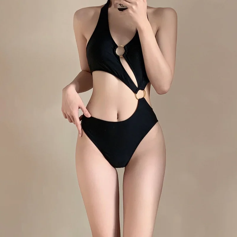 Black Goddess Sexy High Waist One Piece Women\'s 2023 Summer Casual Vacation Casual Hollow Out Backless With Chest Pad Swimwear