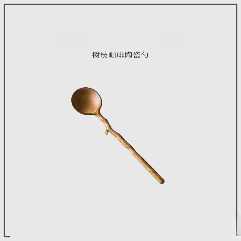 Retro household long-handled coffee creative cute coarse pottery stirring  eating handmade
