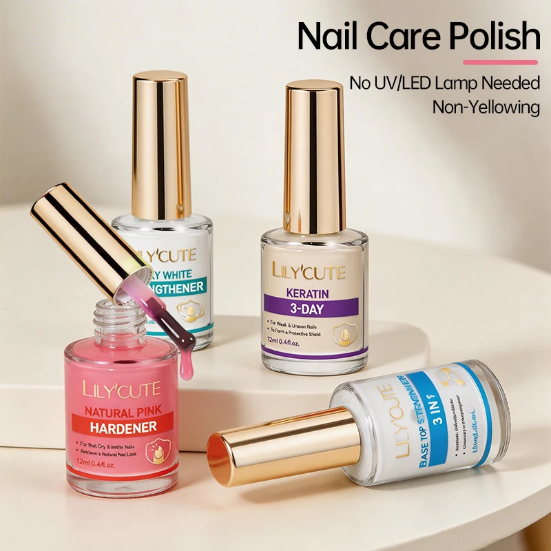 LILYCUTE 12ML Nail Care Polish Milky White Pink Strengthener 3 in 1 Effect Long Lasting Base Top Varnish Drying No Need Lamp