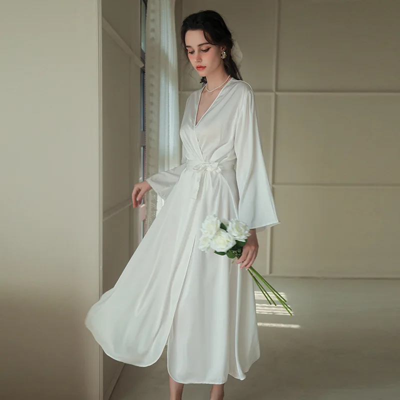 Lady Elegant Kimono Bathrobe Intimate Lingerie Silky Satin Nightwear Pink Wedding Robe Bride Moring Gown Sleepwear 3