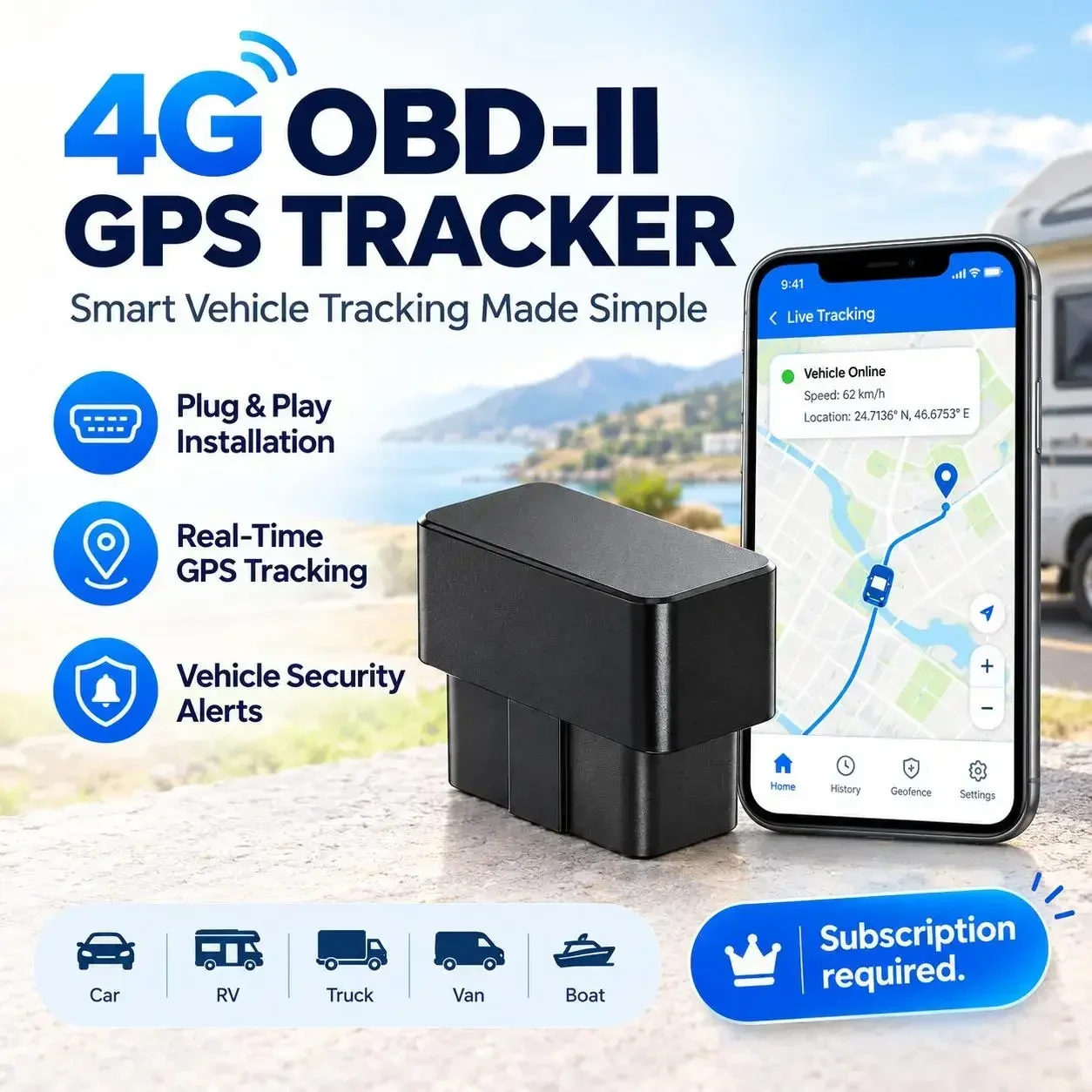 4G OBD2 GPS Tracker for Cars, Real-Time Vehicle Tracking, Anti-Theft Alerts, Route History, Geofence, Fleet Monitoring