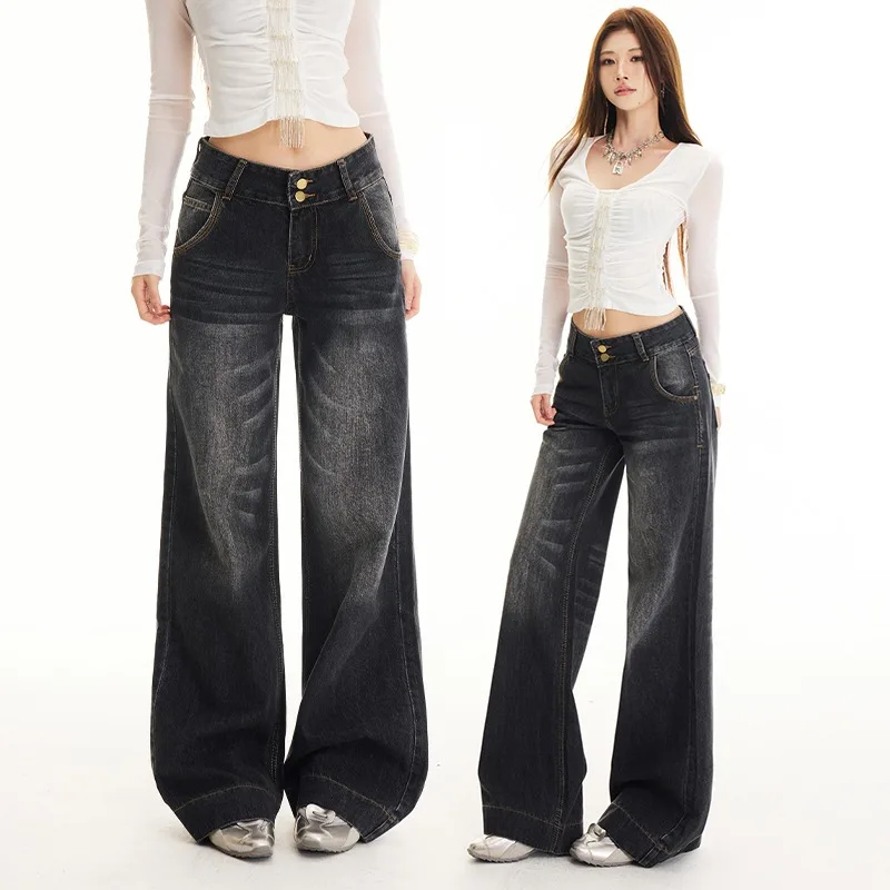 OIQERE Women Heavy Washed Straight Jeans American Low‑Rise Black‑Gray Baggy Streetwear Denim Trousers For Autumn