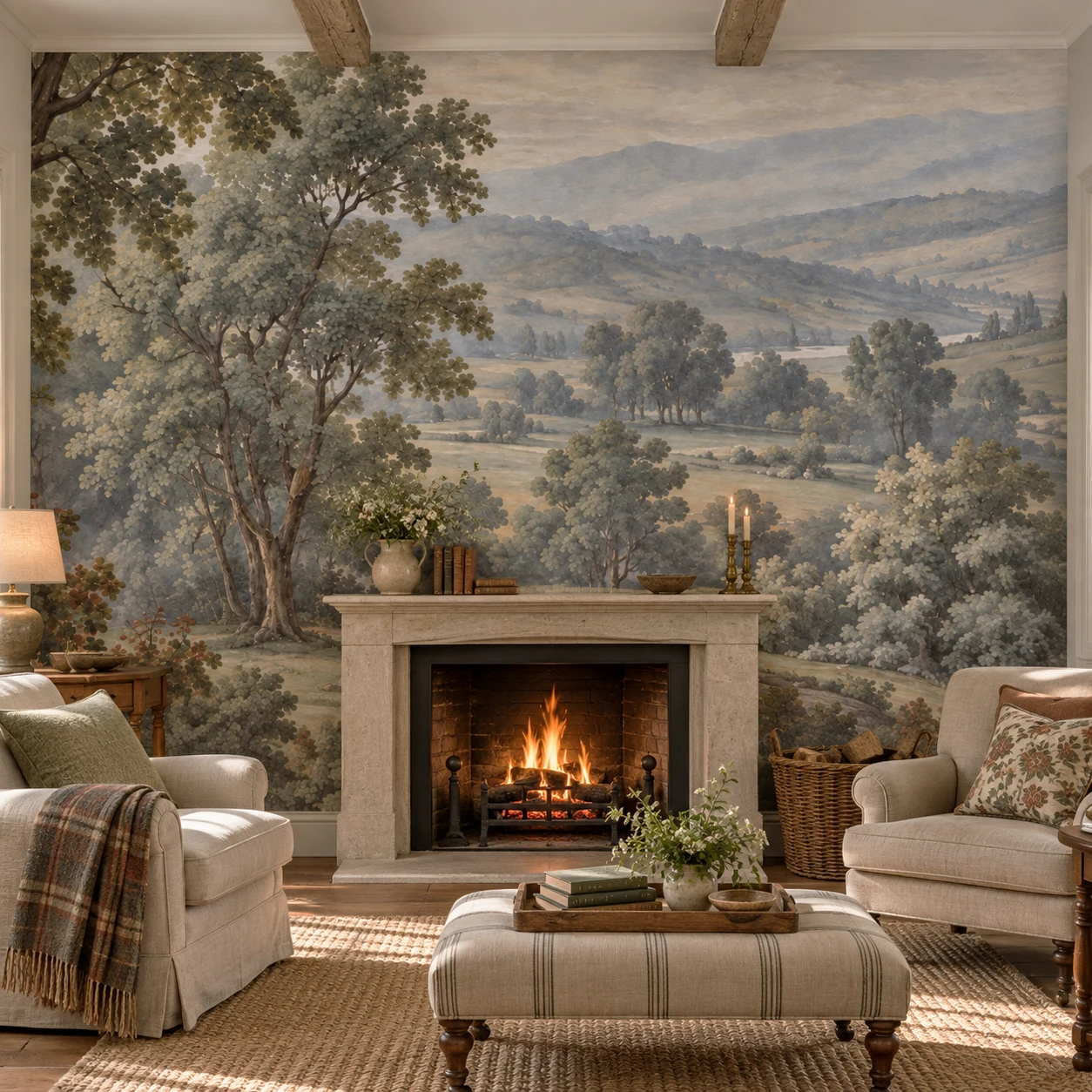 Landscape Wall Mural Vintage Countryside Trees Pastoral Valley Wallpaper Non Self Adhesive Living Room Bedroom Nature Wall Decor