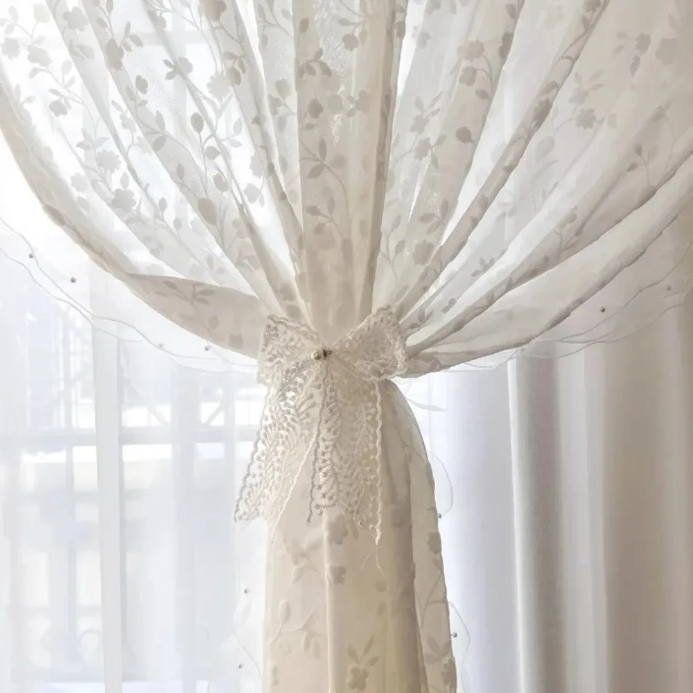 Relief Three-dimensional Jacquard White Window Screen Lace Pearl Lace Curtains for Living Room Bedroom French Window Balcony