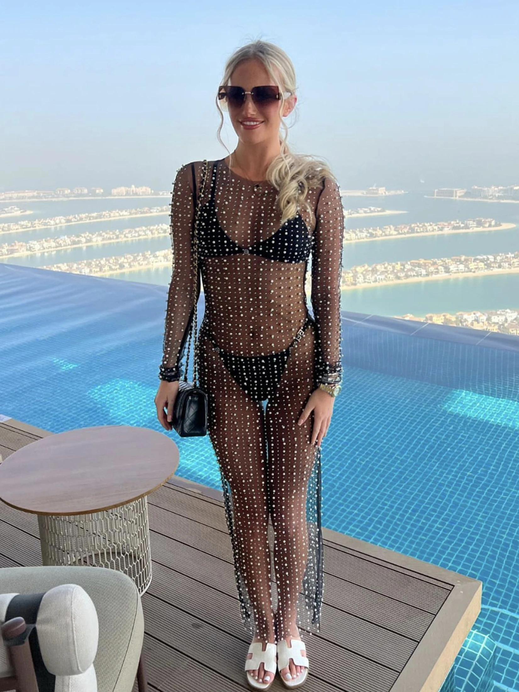 แฟชั่นเซ็กซี่ลูกปัด Rhinestone Smocked ตาข่ายชุดแขนยาว 2025 ผู้หญิงฤดูร้อน Elegant Party Maxi ชุด Sundress A3190