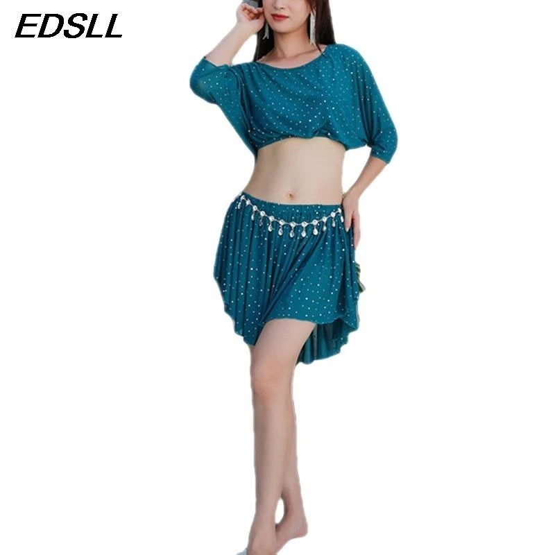 Women Belly Dance Performance Suit Sexy Crop Top+ Glitter Mini Skirt Costume Set Adult Oriental Indian Dance Practice Suit