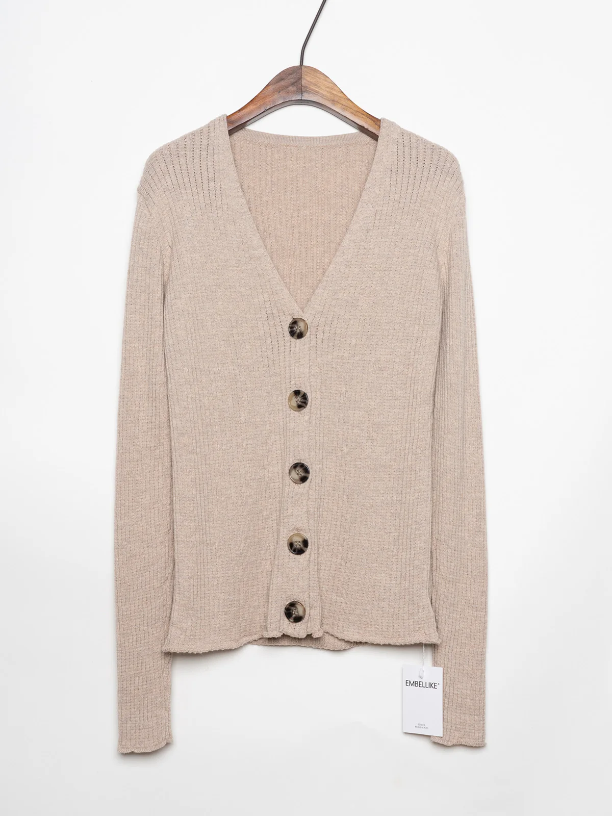 Textured Cotton Knitted Cardigan Women V Neck Button Basic Sweater Knitwear