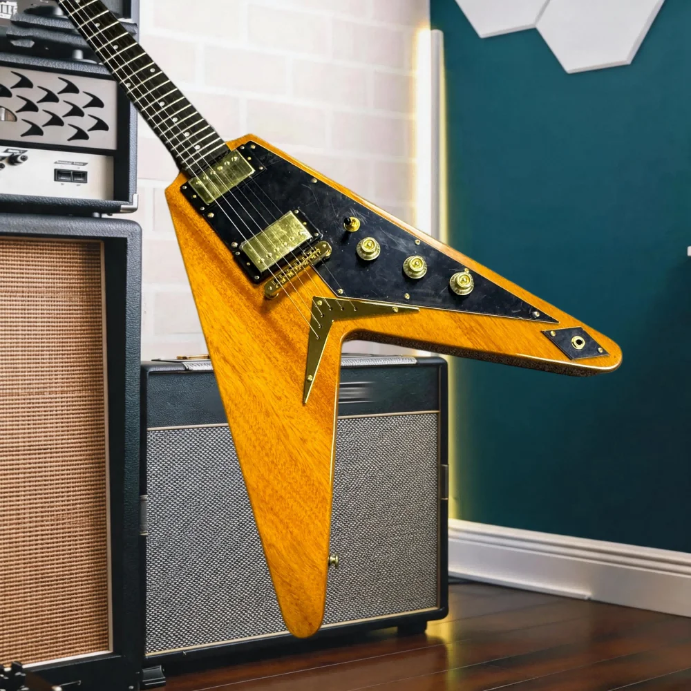 Vintage 1958 Flying V Style Electric Guitar Natural Korina Wood Finish Dual Humbuckers, Michael Schenker Inspired Classic V view 3
