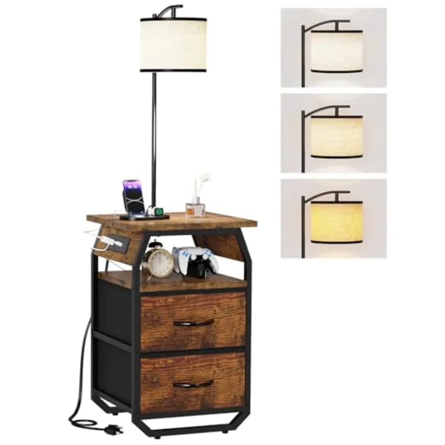 runjuly Floor Lamp with Table, End Tables with Lamps Attached 3-Color Temperature Bulb, Side Table with Lamp with 2 Drawers and