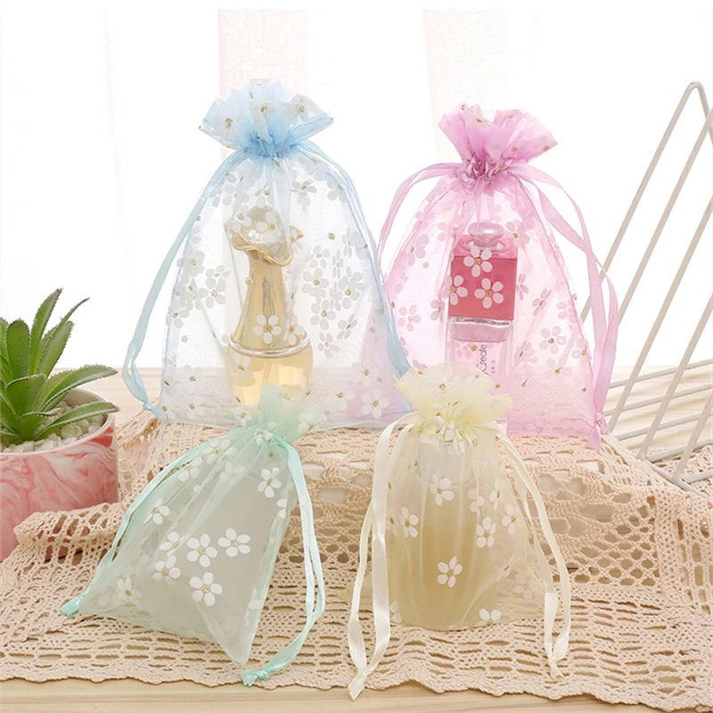 10PCS 13x18cm Printing Sheer Organza Bags Small Gift Drawstring Pouch for Jewelry Cosmetic Christmas Candy Package String Bags