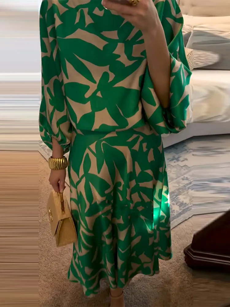 Gedruckt Frauen Rock Anzug Zwei Stück Set Runde Kragen Puff Sleeve Shirt Hohe Taille Röcke Weibliche Sommer Dame Urlaub Outfit