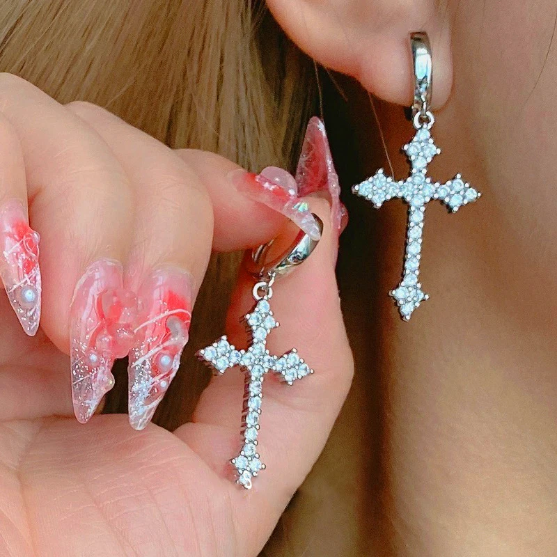 Pendientes de Cruz de diamantes de imitación góticos Y2K para mujer, pendiente de gota de Cruz de cristal Kpop, pendientes Grunge Egirl, accesorios de joyería