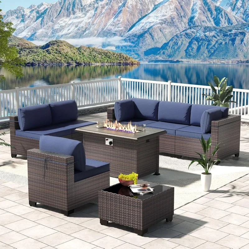 Juego de muebles para Patio exterior de 8 piezas con mesa para fogones de Gas propano de 43 pulgadas, sofá seccional de mimbre PE, juego de fiesta para Patio