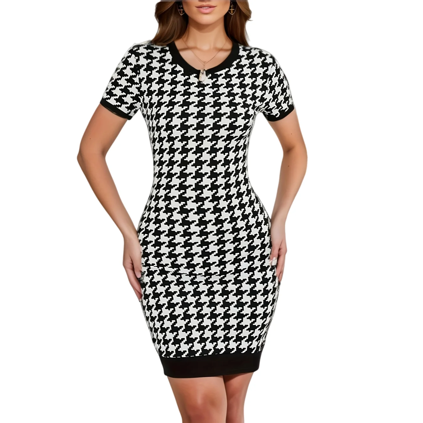 The lady wears a stylish, elegant and dignified color-matched high-waisted jacquard dress with a plaid pattern.