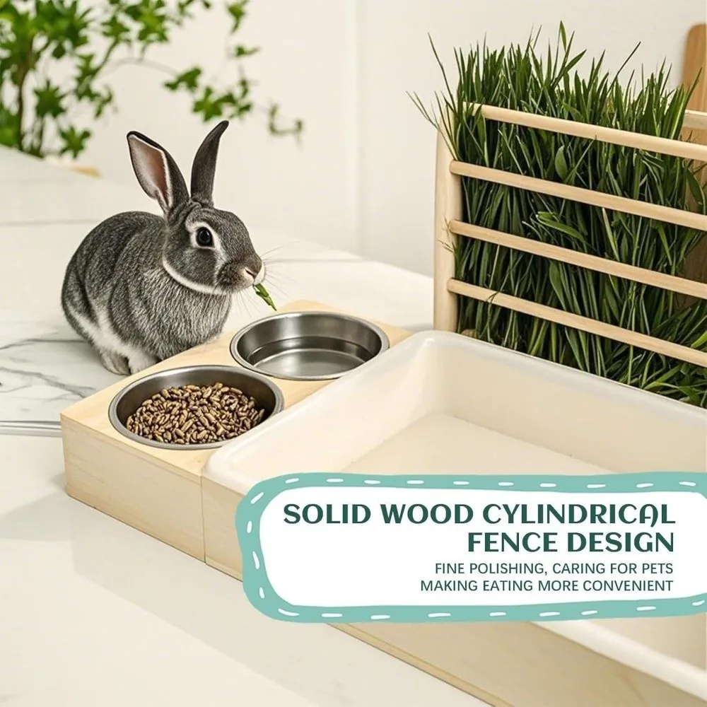 Multifunctional Rabbit Hay Feeder Wooden 3 in 1 Bunny Feeding Manger Wet and Dry Separation Double Basin Hamster Food Dispenser