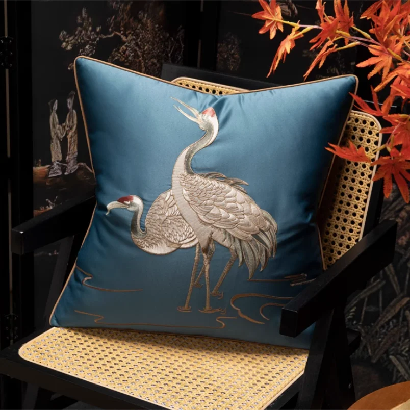 

High-end Embroidered Silk-like Birds Square Home Sofa Decorative Crane Pillow Case 4 Colors No Insert