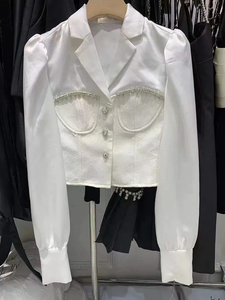 Chic Summer Women Rhinestones Satin Blouse White Faux Silk Diamonds Beaded Shirts Slim OL Long Sleeve Crystal Cardigan Crop Tops