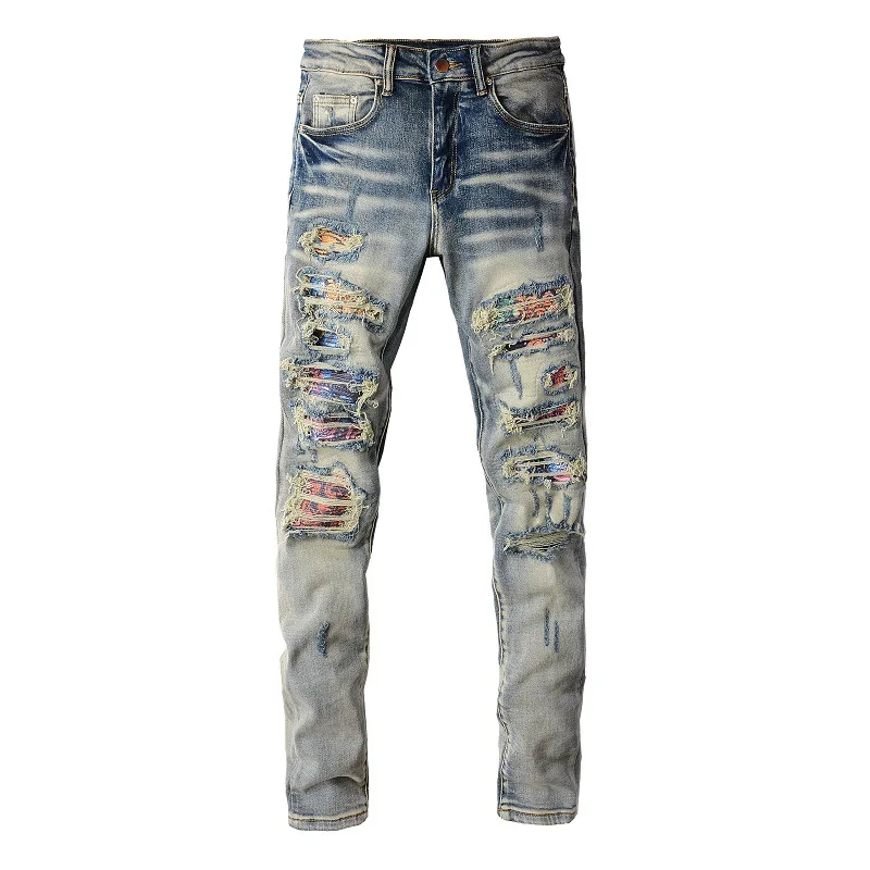 Jeans masculinos europeus e americanos rasgados e patchwork, jeans masculinos jovens com remendo elástico slim fit até o tornozelo