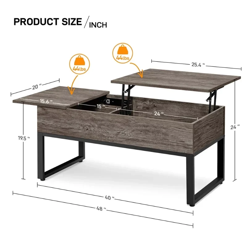طاولة قهوة خشبية مستطيلة مع سطح رفع سبليت ، مساحة صغيرة ، رمادي داكن