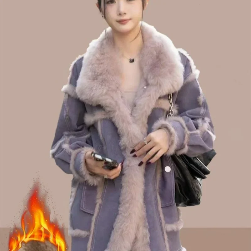 Add Fleece Thickened Fashion Fur One Short Coat for Women Winter New Style High-grade Warm Cotton-padded Comfortable Parkas