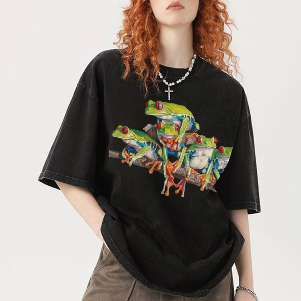 

Abstract Red-Eyed Frog Print Cartoon Cute Pure Cotton Washed Old Shoulder Round Neck Loose Oversize Trend New Short Sleeves