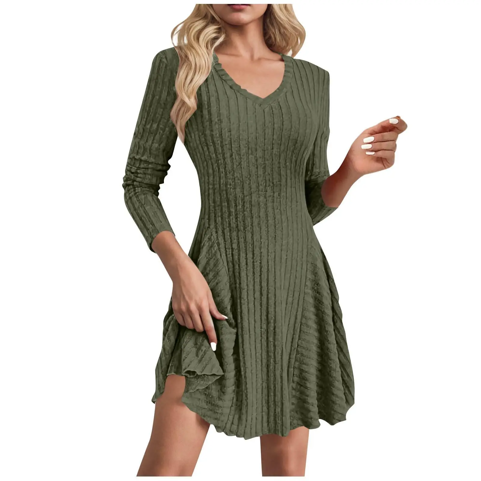 Otoño/Invierno Sexy ceñido al cuerpo suéter Casual vestido de Color sólido de las mujeres Slim Fit con cuello en V de manga larga vestido de punto vestidos para mujer