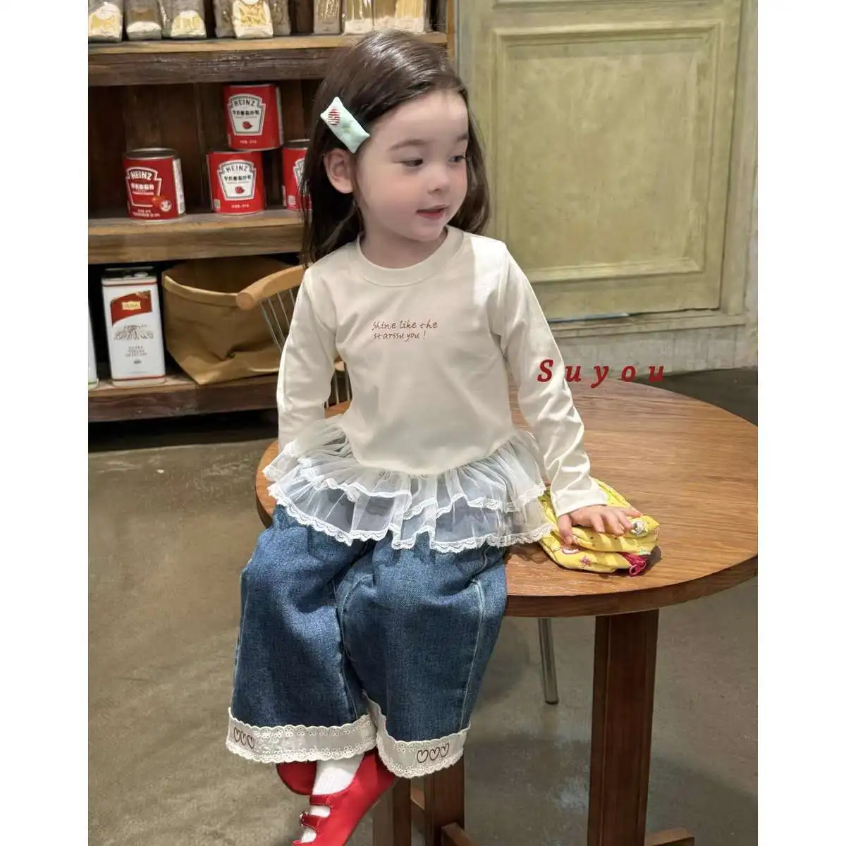 

Children's Clothing Autumn New Girls Kitten Embroidered Knitted Cardigan Lace Denim Straight-leg Pants