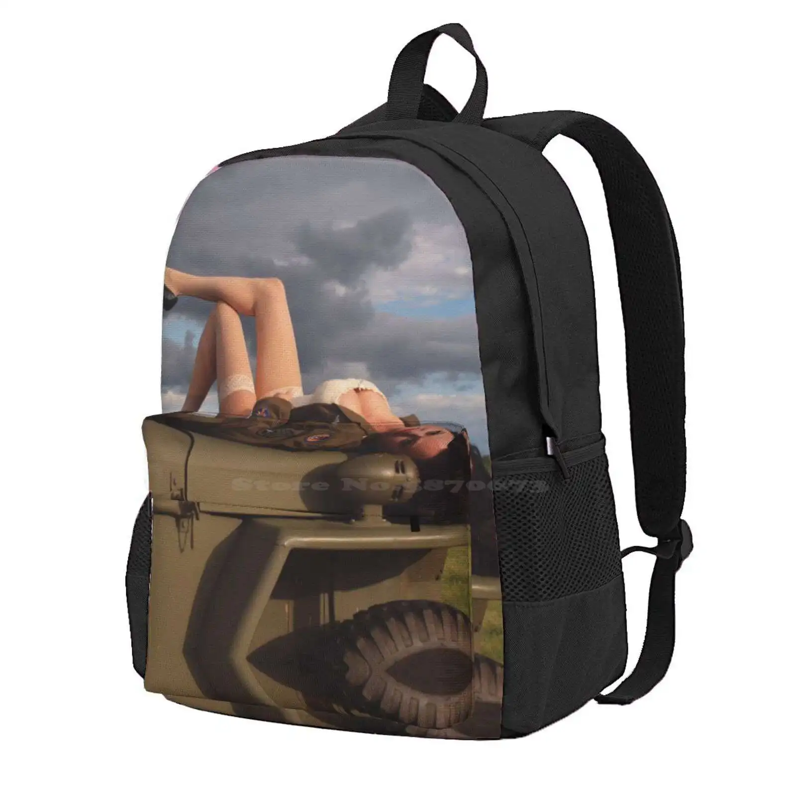 Ivette On A 1944 Willys Mb Hot Sale Schoolbag Backpack Fashion Bags G503 Willys Mb Pinup Gpw Wwii Ww2 Recon