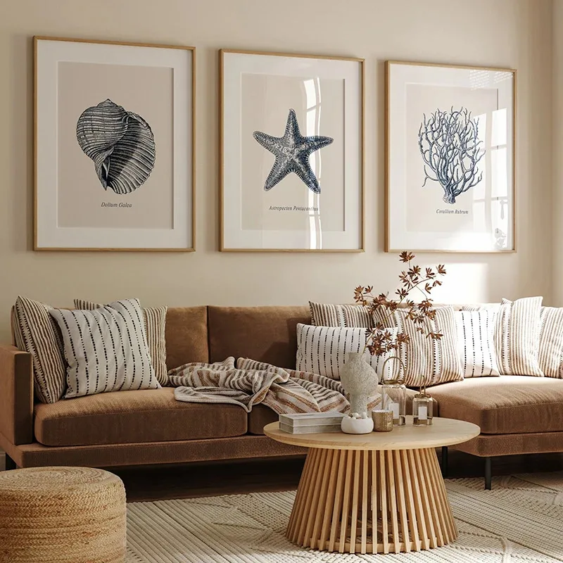 Blue Coastal Sea Antique Seashell Sketch Starfish Conch Posters Prints Canvas Painting Wall Art Pictures Kids Room Home Decor