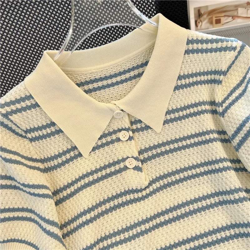 Summer Slim Fit Polo Neck Knit T-Shirt Women Striped Short Sleeve Ribbed Collar Soft Breathable Textured Classic Elegant Style
