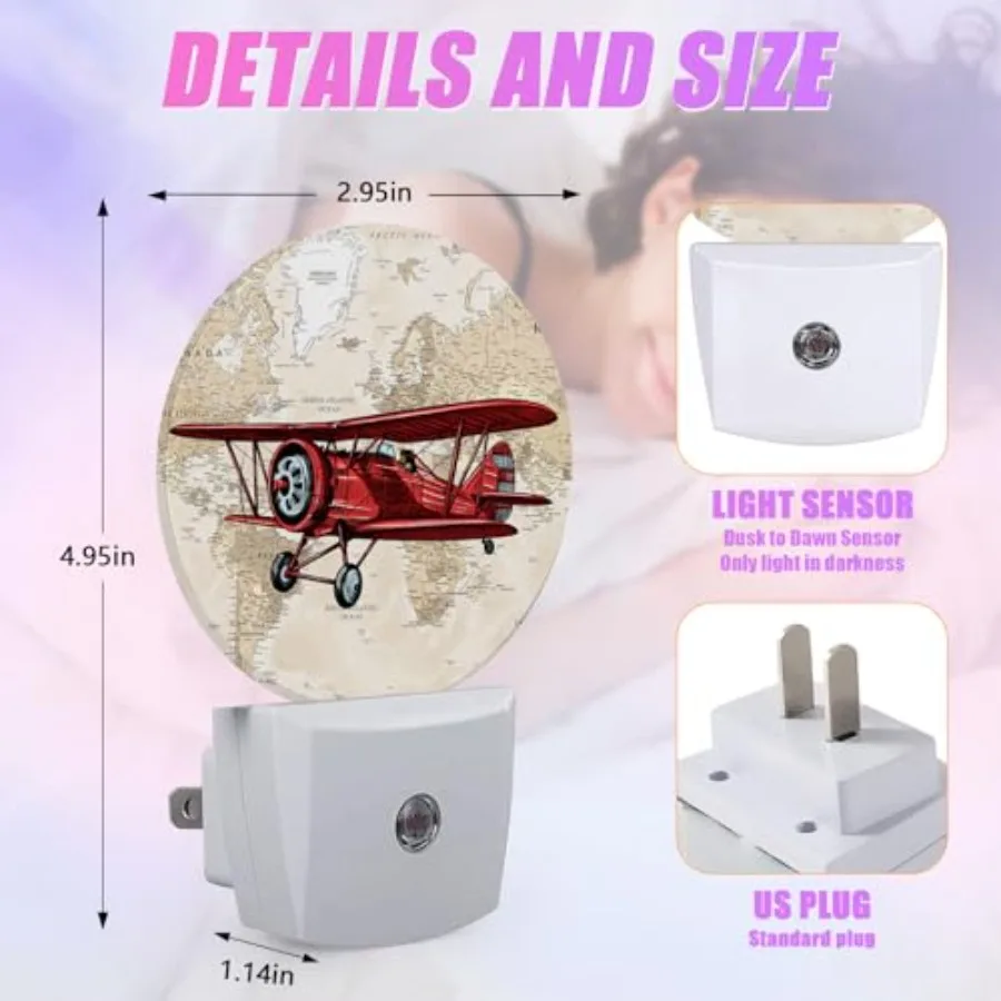 Vintage Night Light World Map Night Lights LED Lamp Round Plug into Wall Nightlight with Dusk to Dawn Sensor Home Hallway Stair
