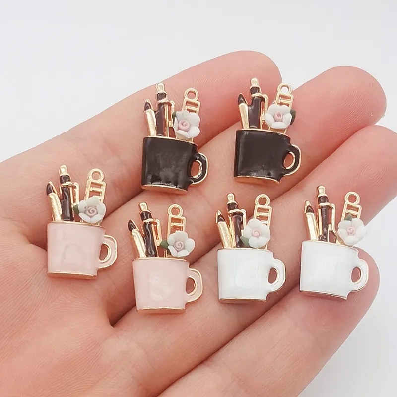 8Pcs  24*15mm Zinc Alloy Enamel Pen Holder Charms Pendant Designer Charms  Fit Jewelry Making DIY Jewelry Findings