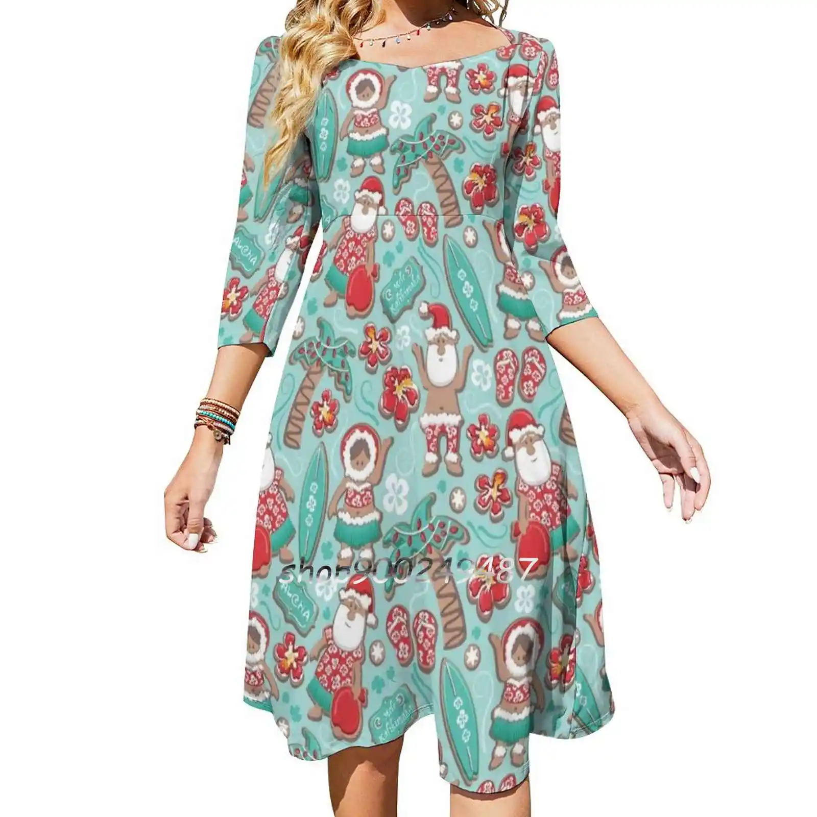 Mele Kalikimaka Hawaiian Christmas Gingerbread Cookies Square Neck Dress Cute Loose Print Dresses Elegant Beach Party Dress